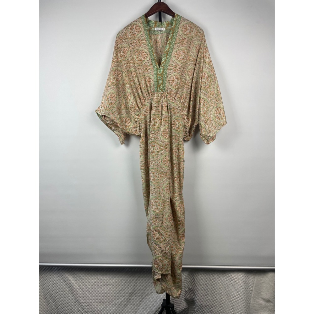 Karma Highway Paisley Maxi Dress Green Pink Boho V-Neck Kimono Sleeve One Size